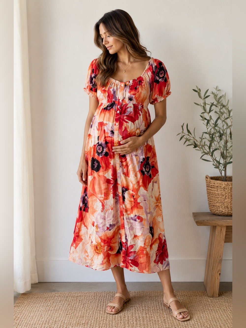 H&M Red Orange Floral Puff-Sleeve Maternity Midi Dress